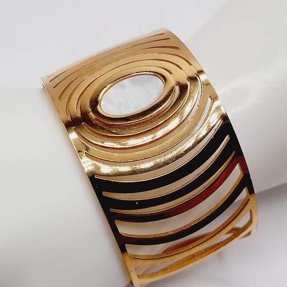 Gold Tone Open Work Cuff Bracelet w/ Mother of Pearl Center - Picture 7 of 7